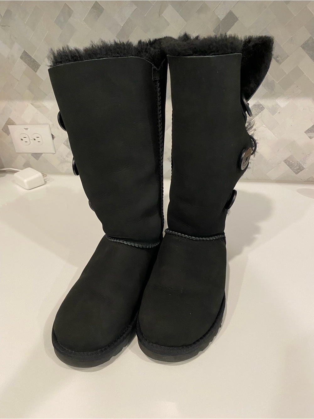 UGG Black Button-Trim Tall Shearling Boots, Size 7 - Picture 3 of 8